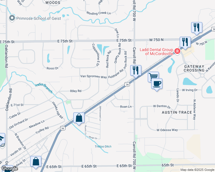 map of restaurants, bars, coffee shops, grocery stores, and more near 7238 Wet Rock Court in Indianapolis