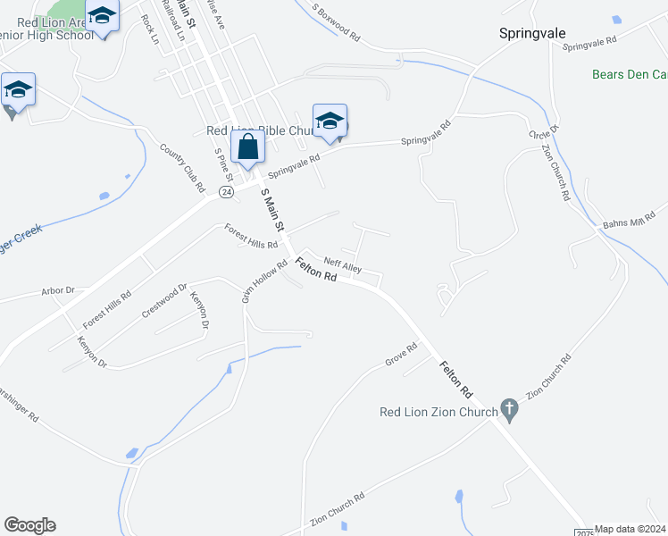 map of restaurants, bars, coffee shops, grocery stores, and more near 943 Felton Road in Red Lion