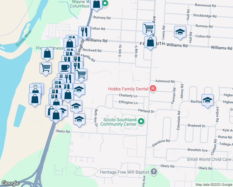 map of restaurants, bars, coffee shops, grocery stores, and more near 256 Chatterly Lane in Columbus