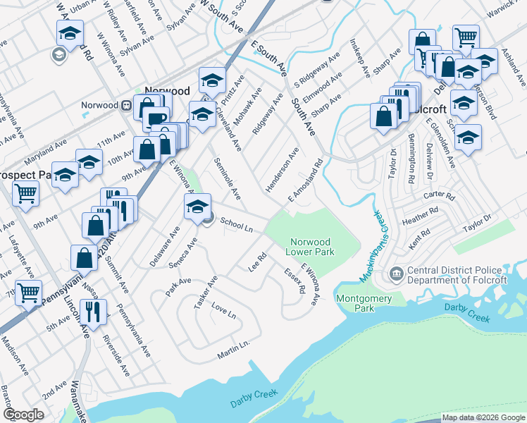 map of restaurants, bars, coffee shops, grocery stores, and more near 287 East Winona Avenue in Norwood
