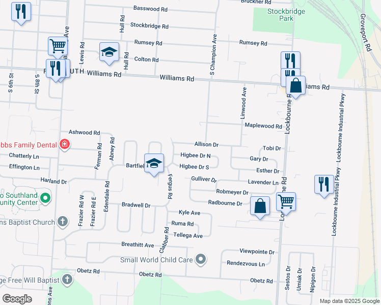 map of restaurants, bars, coffee shops, grocery stores, and more near 866 Higbee Drive North in Columbus