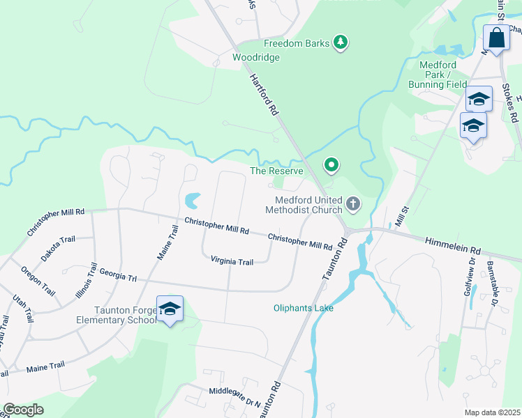 map of restaurants, bars, coffee shops, grocery stores, and more near 22 Christopher Mill Road in Medford