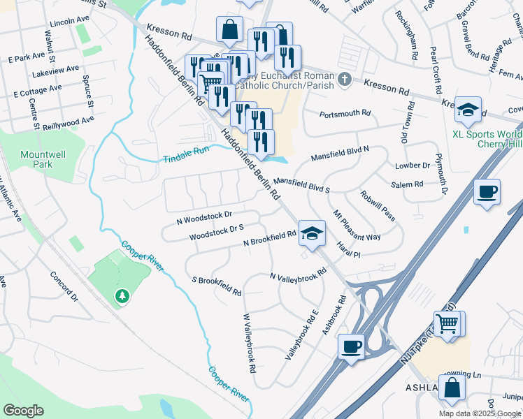map of restaurants, bars, coffee shops, grocery stores, and more near 817 Haddonfield-Berlin Road in Cherry Hill