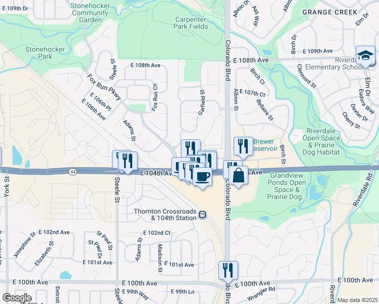 map of restaurants, bars, coffee shops, grocery stores, and more near East 106th Avenue in Thornton