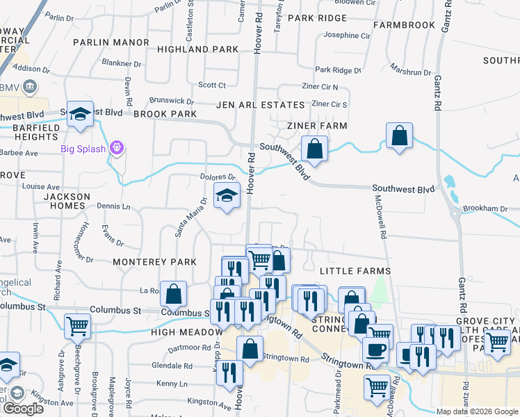 map of restaurants, bars, coffee shops, grocery stores, and more near 2378 Royal Meadow Lane in Grove City