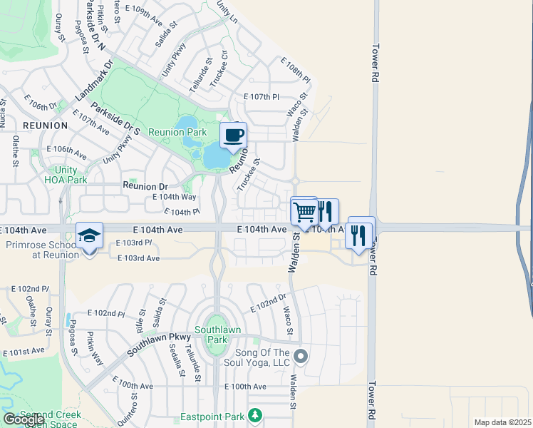 map of restaurants, bars, coffee shops, grocery stores, and more near 18063 East 104th Place in Commerce City
