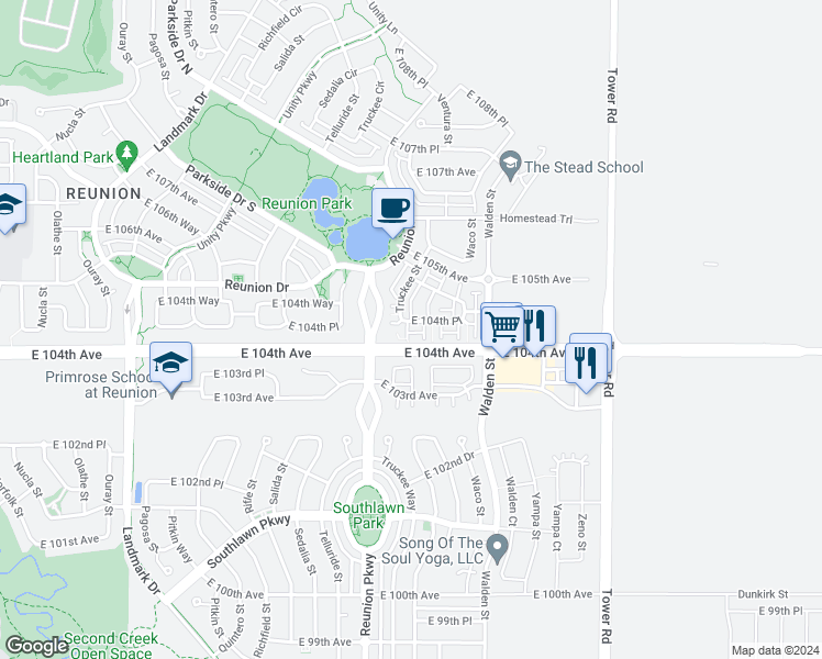 map of restaurants, bars, coffee shops, grocery stores, and more near 10436 Truckee Street in Commerce City