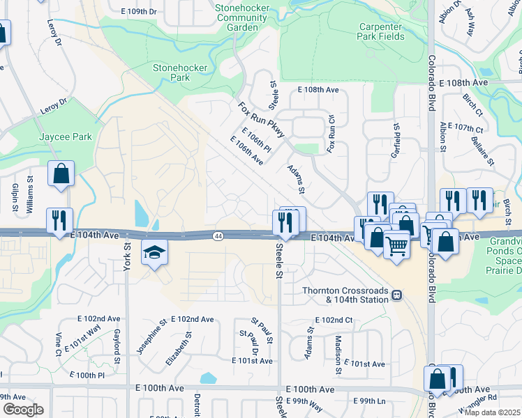 map of restaurants, bars, coffee shops, grocery stores, and more near 2535 East 104th Avenue in Thornton