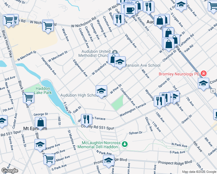 map of restaurants, bars, coffee shops, grocery stores, and more near 416 Oak Street in Audubon