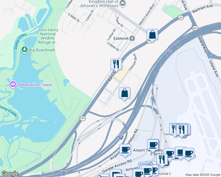 map of restaurants, bars, coffee shops, grocery stores, and more near 8800 Bartram Avenue in Philadelphia