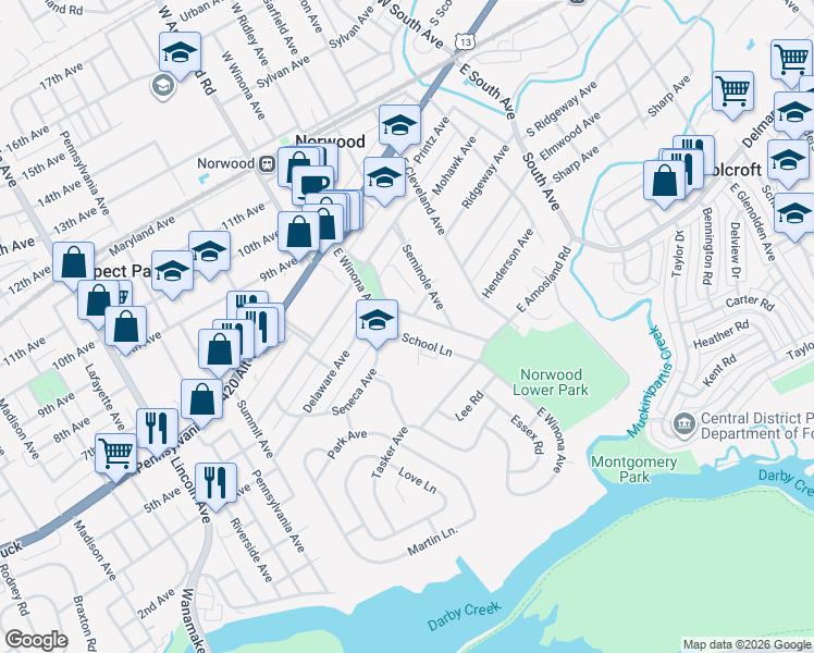 map of restaurants, bars, coffee shops, grocery stores, and more near 222 East Winona Avenue in Norwood
