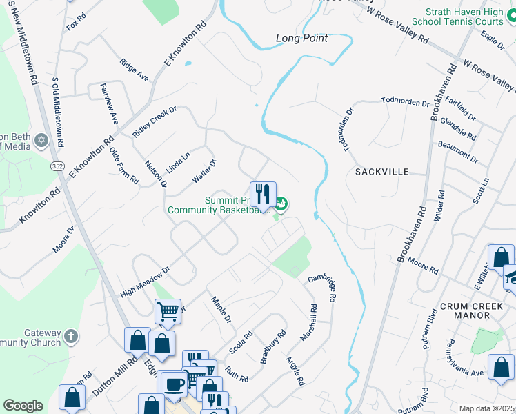 map of restaurants, bars, coffee shops, grocery stores, and more near 607 Meadowvale Lane in Media