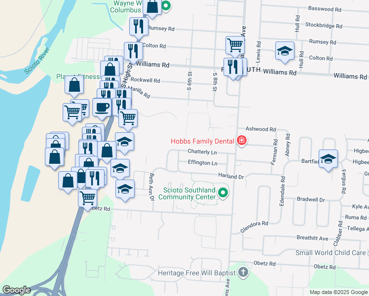 map of restaurants, bars, coffee shops, grocery stores, and more near 256 Chatterly Lane in Columbus