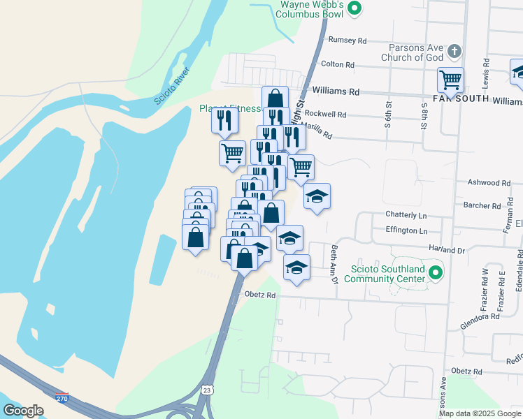 map of restaurants, bars, coffee shops, grocery stores, and more near 3643 S High St in Columbus