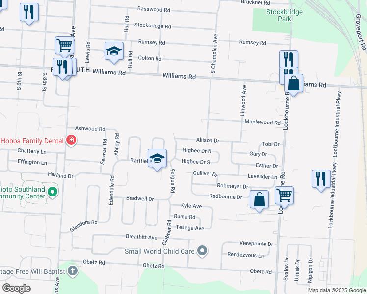 map of restaurants, bars, coffee shops, grocery stores, and more near 838 Higbee Drive North in Columbus