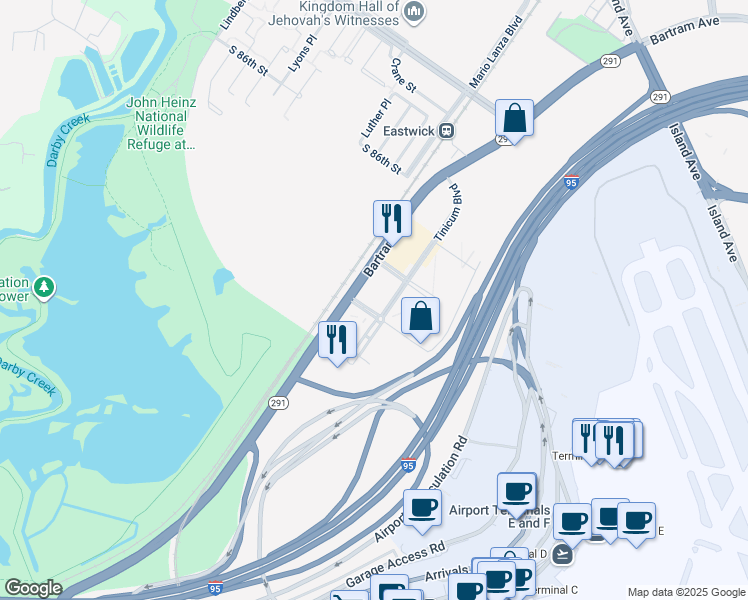 map of restaurants, bars, coffee shops, grocery stores, and more near 8800 Bartram Avenue in Philadelphia