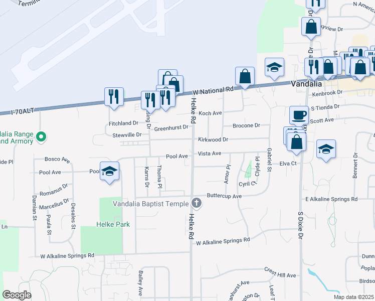 map of restaurants, bars, coffee shops, grocery stores, and more near 323 Helke Road in Vandalia