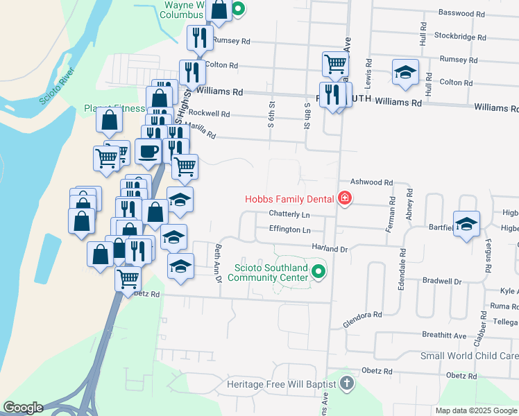 map of restaurants, bars, coffee shops, grocery stores, and more near 256 Chatterly Lane in Columbus