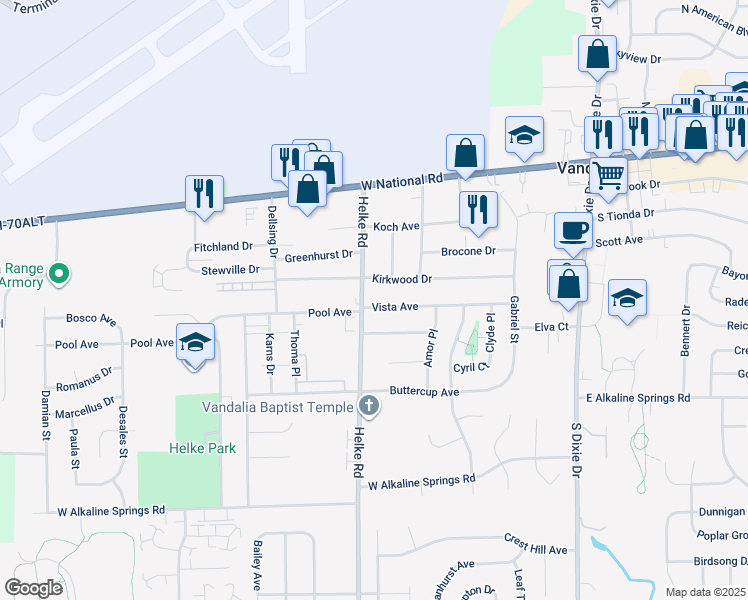 map of restaurants, bars, coffee shops, grocery stores, and more near 314 Helke Road in Vandalia