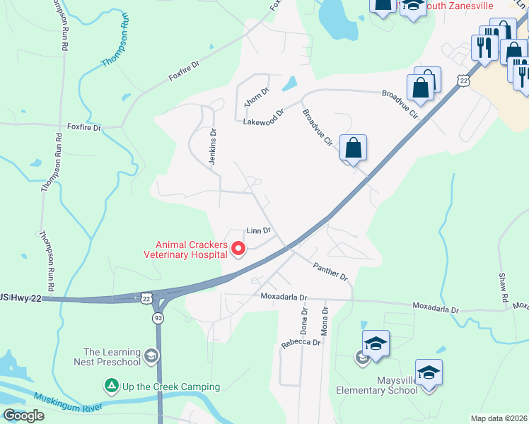 map of restaurants, bars, coffee shops, grocery stores, and more near 3245 Nolan Drive in Zanesville