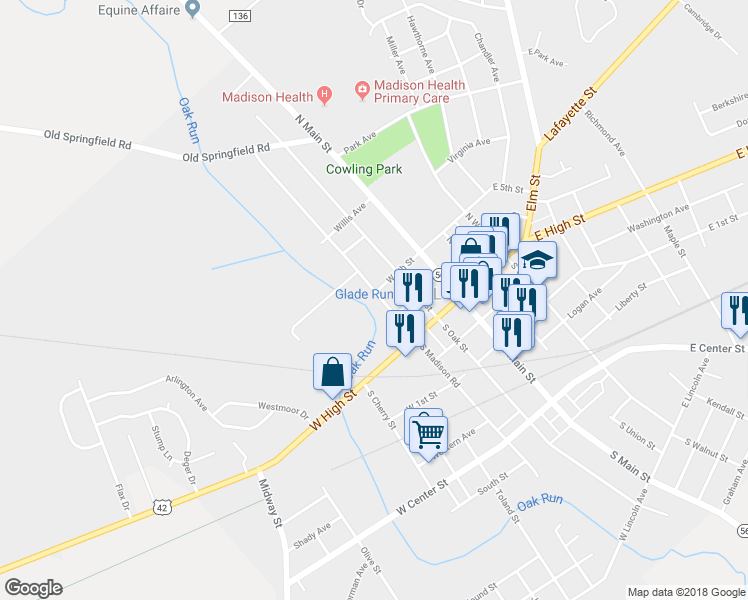map of restaurants, bars, coffee shops, grocery stores, and more near 37 North Madison Road in London