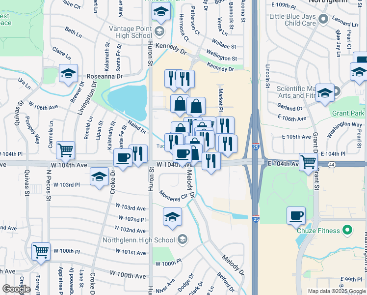 map of restaurants, bars, coffee shops, grocery stores, and more near 10465 Melody Drive in Northglenn