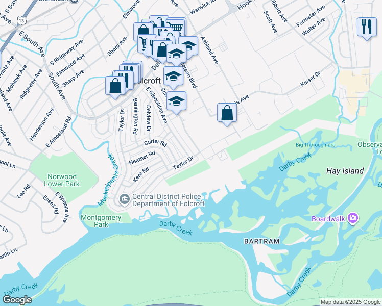 map of restaurants, bars, coffee shops, grocery stores, and more near 999 Grant Road in Folcroft