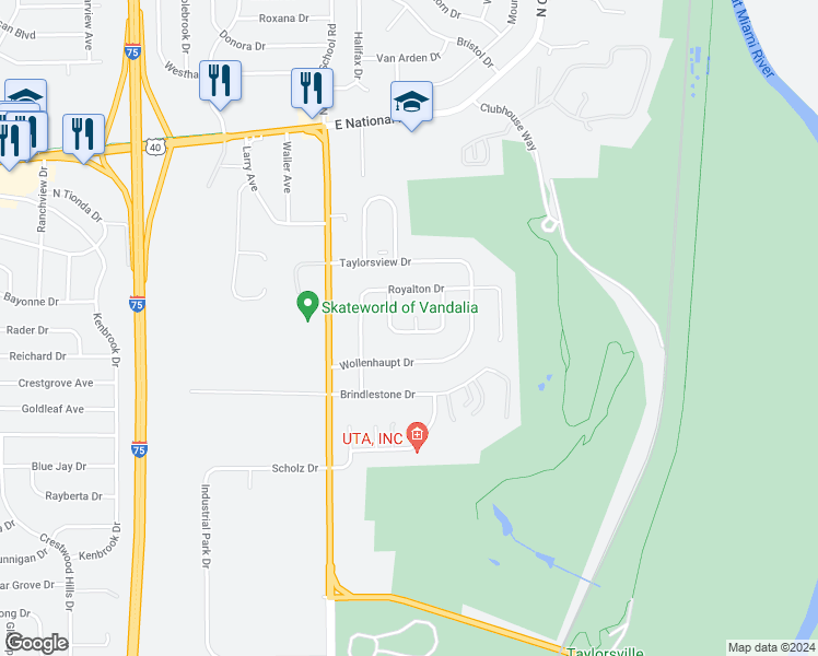 map of restaurants, bars, coffee shops, grocery stores, and more near 1020 Robinette Avenue in Vandalia