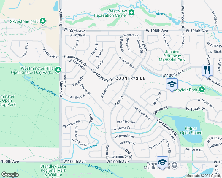 map of restaurants, bars, coffee shops, grocery stores, and more near 10973 West 104th Place in Westminster