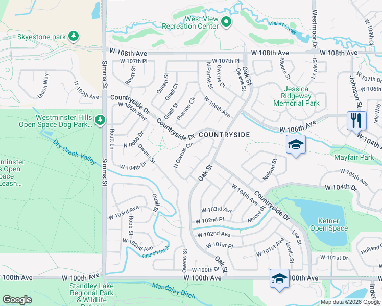 map of restaurants, bars, coffee shops, grocery stores, and more near 10973 West 104th Place in Westminster
