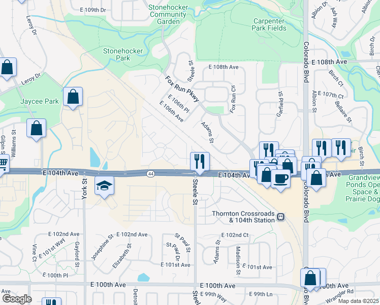 map of restaurants, bars, coffee shops, grocery stores, and more near 3155 East 104th Avenue in Thornton