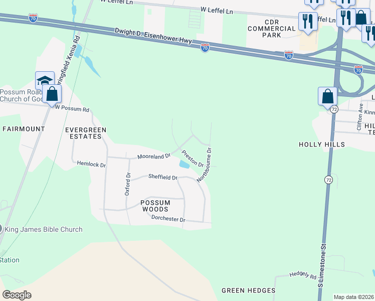 map of restaurants, bars, coffee shops, grocery stores, and more near 2714 Preston Drive in Springfield