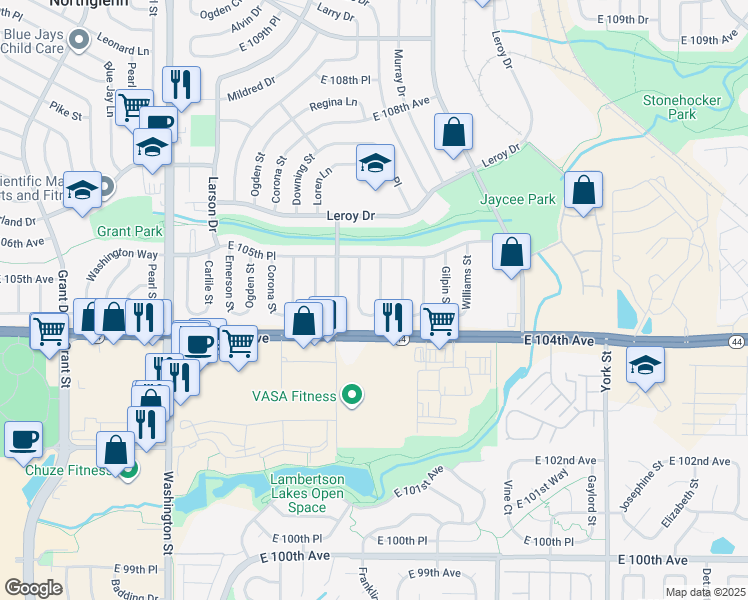 map of restaurants, bars, coffee shops, grocery stores, and more near 10476 Humboldt Street in Northglenn