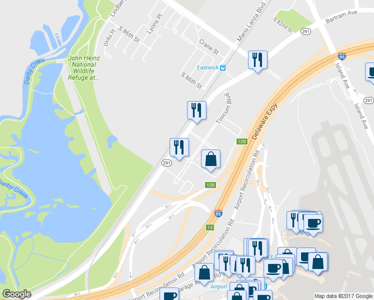 map of restaurants, bars, coffee shops, grocery stores, and more near 8800 Bartram Avenue in Philadelphia