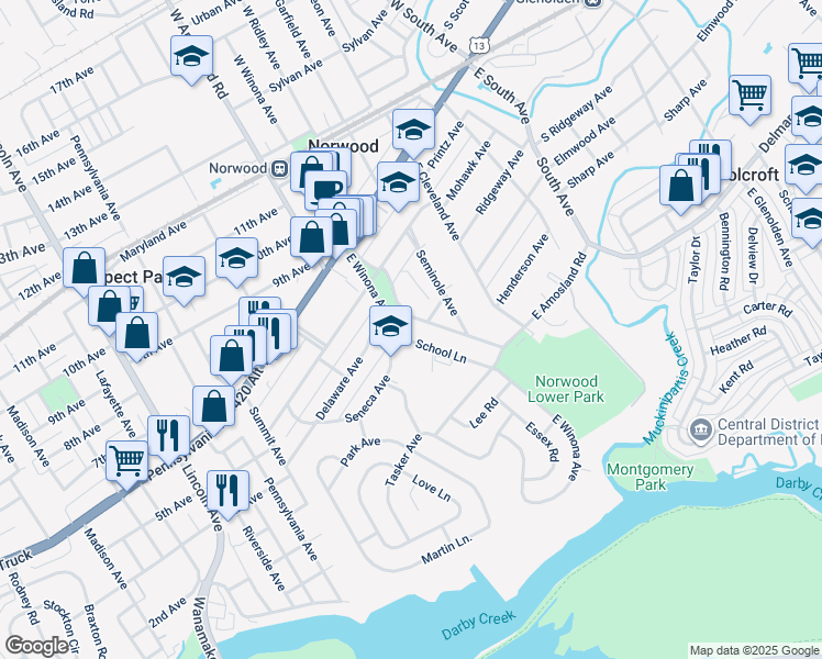 map of restaurants, bars, coffee shops, grocery stores, and more near 222 East Winona Avenue in Norwood