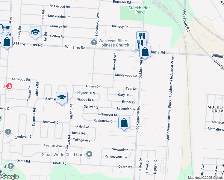 map of restaurants, bars, coffee shops, grocery stores, and more near 983 Allison Drive in Columbus