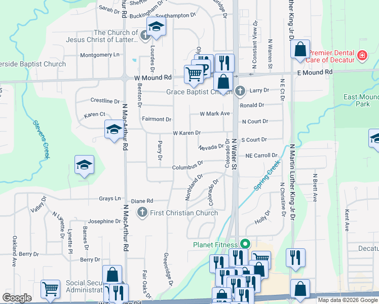 map of restaurants, bars, coffee shops, grocery stores, and more near 124 Wisconsin Drive in Decatur