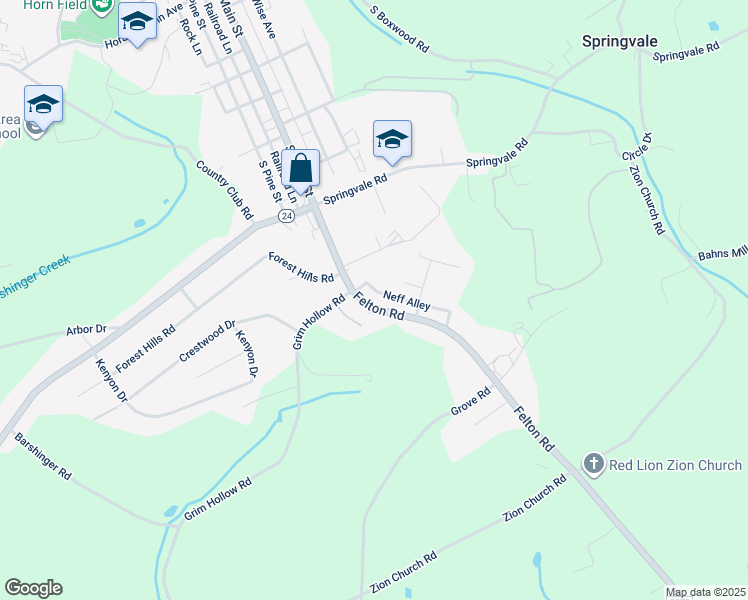map of restaurants, bars, coffee shops, grocery stores, and more near 913 Felton Road in Red Lion