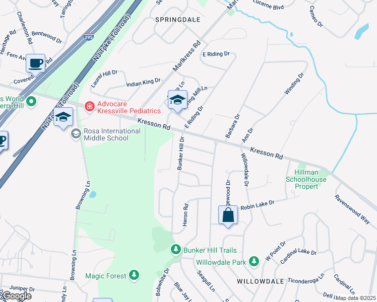 map of restaurants, bars, coffee shops, grocery stores, and more near 1604 Plymouth Rock Drive in Cherry Hill