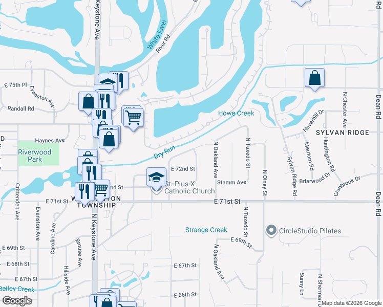 map of restaurants, bars, coffee shops, grocery stores, and more near 2951 Haverhill Drive in Indianapolis