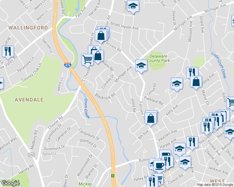 map of restaurants, bars, coffee shops, grocery stores, and more near 1432 Blackrock Road in Swarthmore