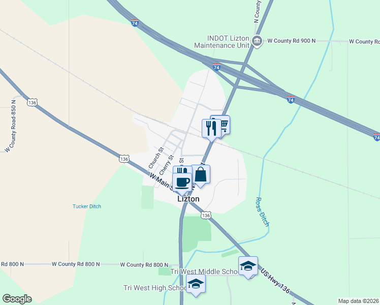 map of restaurants, bars, coffee shops, grocery stores, and more near 116 Brumfield Street in Lizton