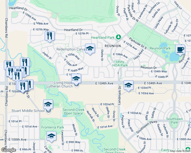 map of restaurants, bars, coffee shops, grocery stores, and more near 10436 Norfolk Ct in Commerce City