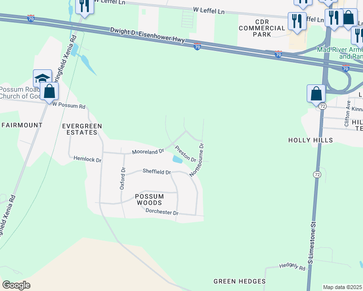 map of restaurants, bars, coffee shops, grocery stores, and more near 2714 Preston Drive in Springfield