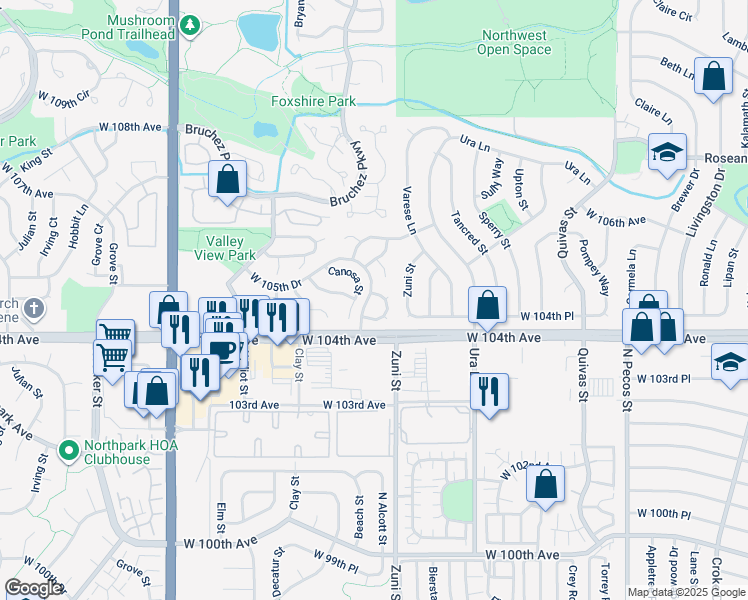 map of restaurants, bars, coffee shops, grocery stores, and more near 2576 West 104th Circle in Westminster