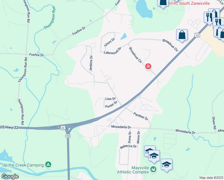 map of restaurants, bars, coffee shops, grocery stores, and more near Sunset Drive in Zanesville
