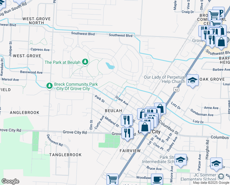 map of restaurants, bars, coffee shops, grocery stores, and more near 3614 Grant Avenue in Grove City