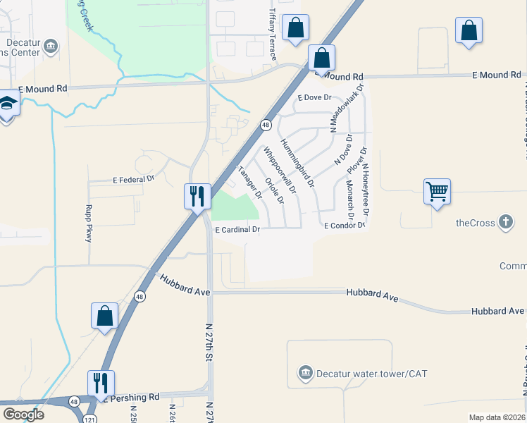 map of restaurants, bars, coffee shops, grocery stores, and more near 17 Tanager Drive in Decatur