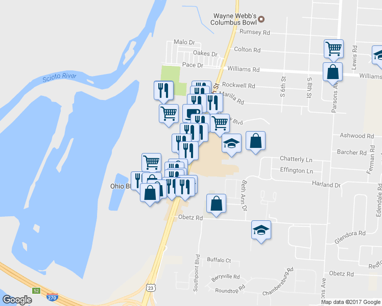 map of restaurants, bars, coffee shops, grocery stores, and more near 3643 S High St in Columbus