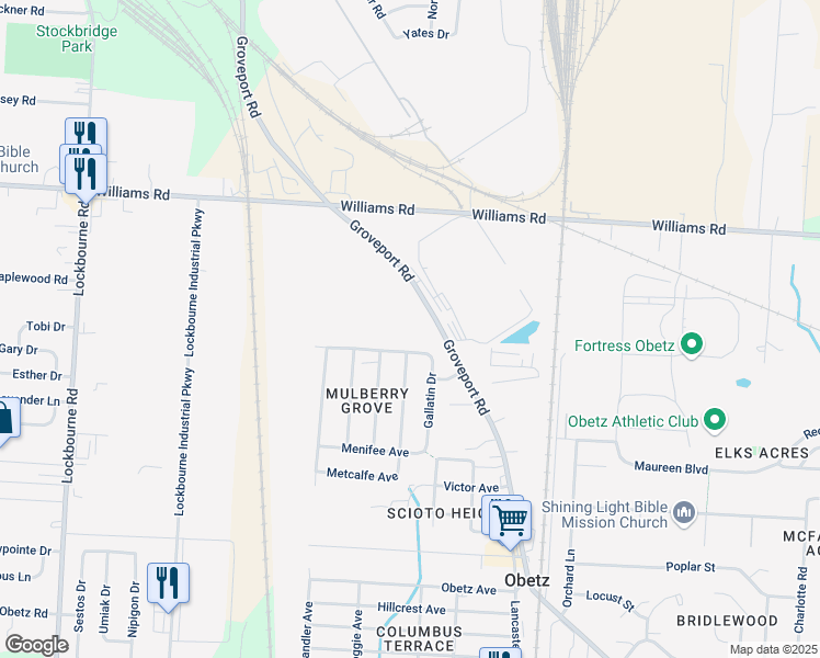 map of restaurants, bars, coffee shops, grocery stores, and more near 3901 Groveport Road in Obetz